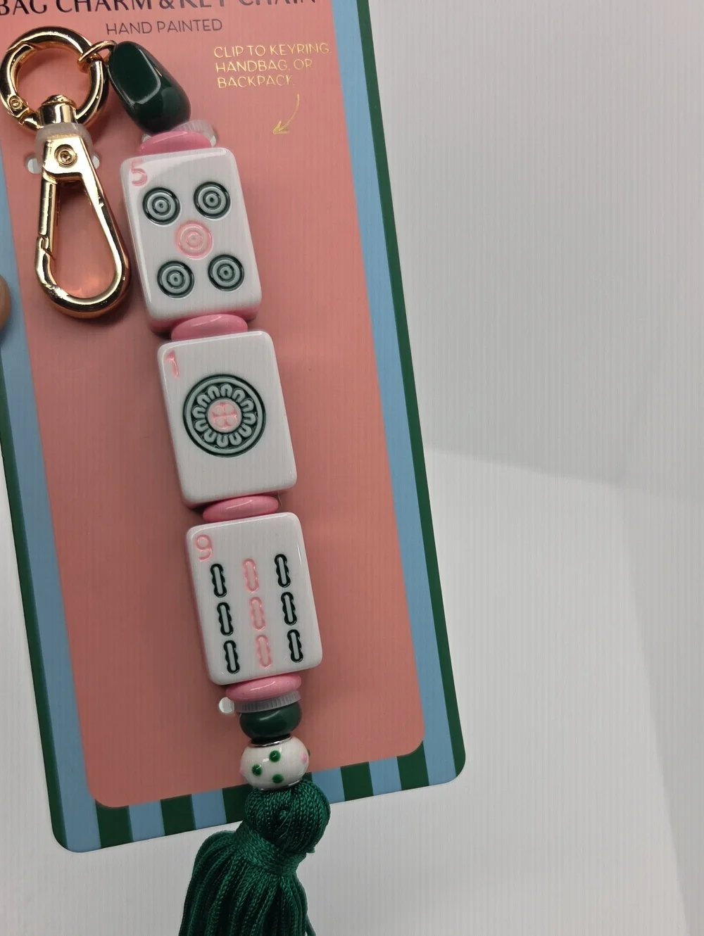 💕▪️piper K ▪️ Pink Mahjong Tile Bag Charm & Key Chain with Green Tassel